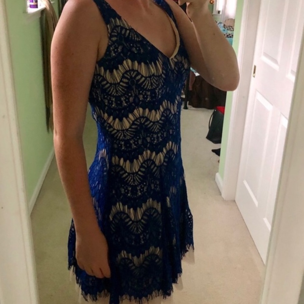 Royal Blue and Nude Lace Formal Dress